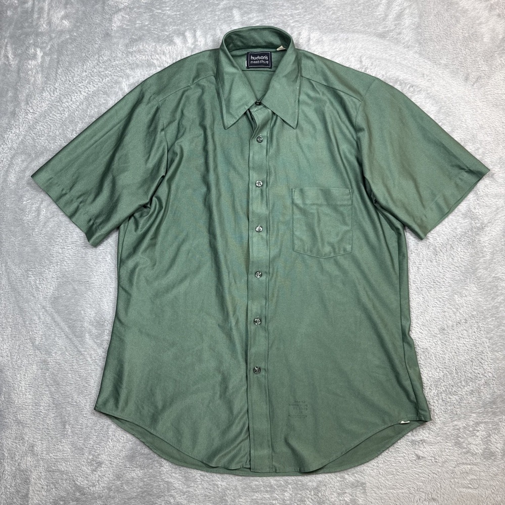 Vintage Hudsons Disco Button Shirt Men 16 Large Green Qiana Dagger Collar